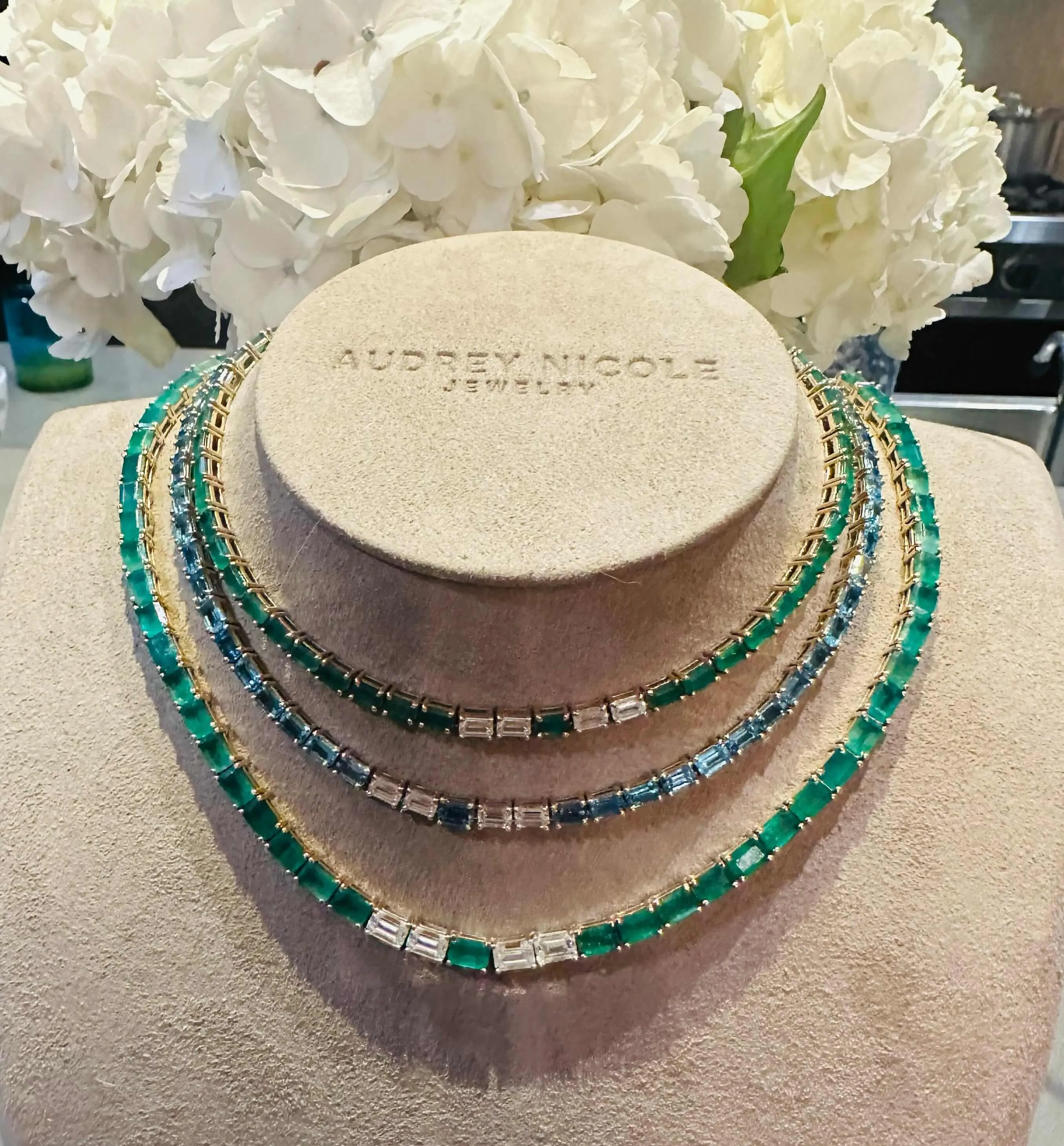 14K & 18K Gold East West Alternating Emerald & Diamond  Necklace