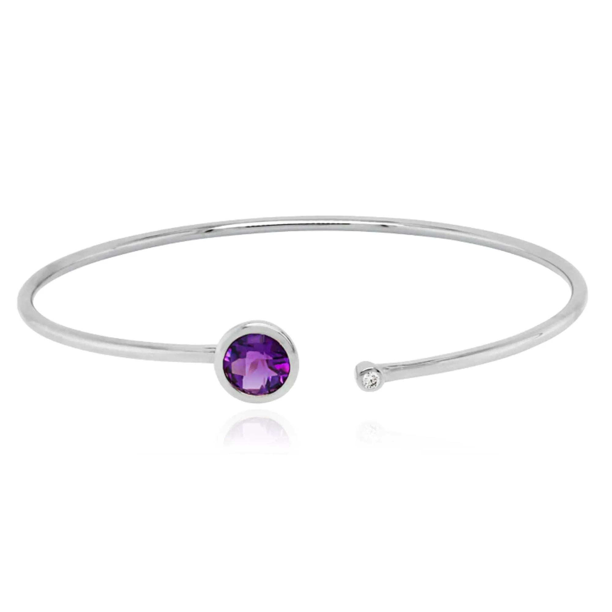 14K WHITE GOLD OPEN TOP BANGLE BRACELET WITH A ROUND AMETHYST AND DIAMOND ACCENT