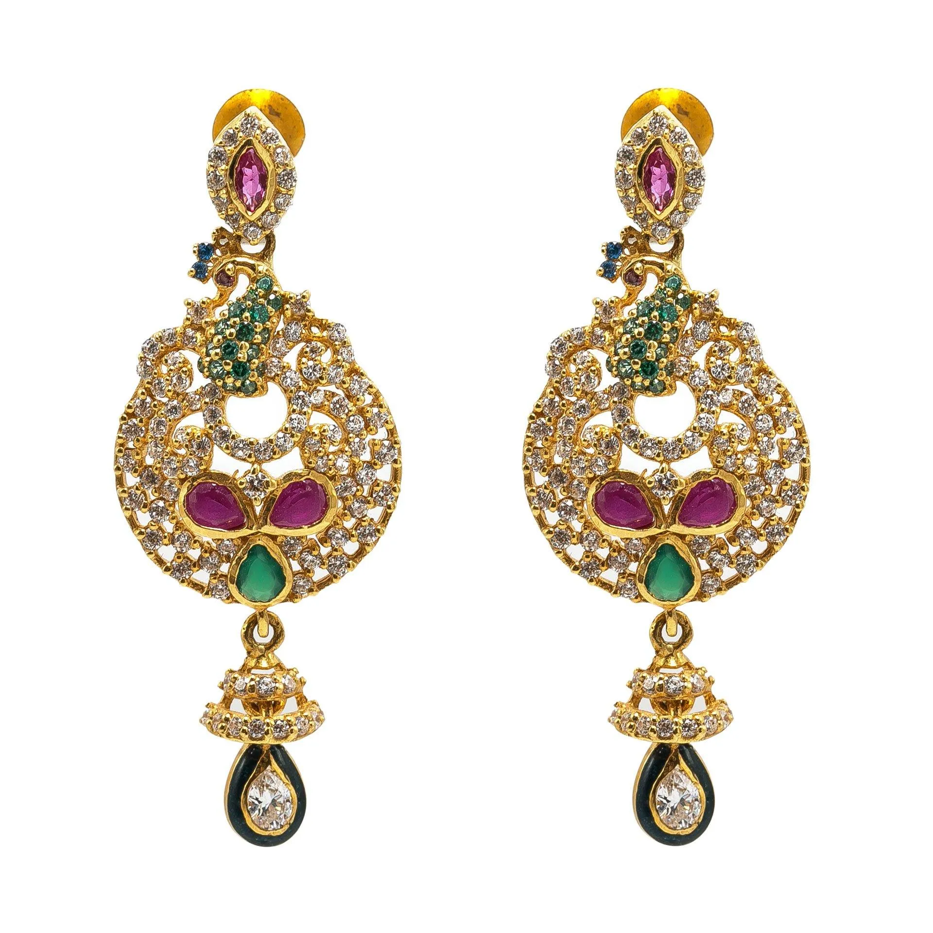 22K Yellow Gold Drop Earrings W/ Rubies, Emeralds, CZ Gems & Round Peacock Pendants