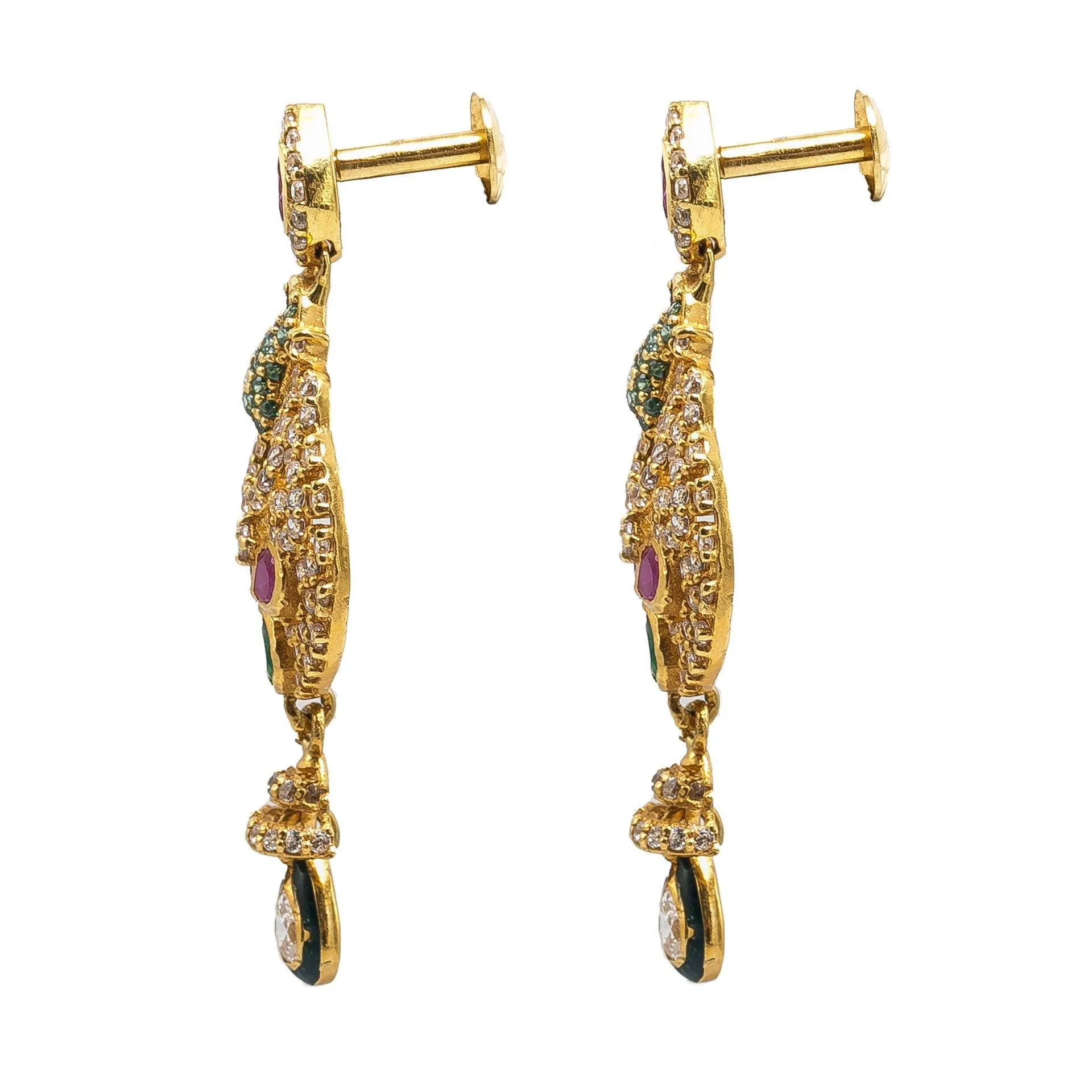 22K Yellow Gold Drop Earrings W/ Rubies, Emeralds, CZ Gems & Round Peacock Pendants