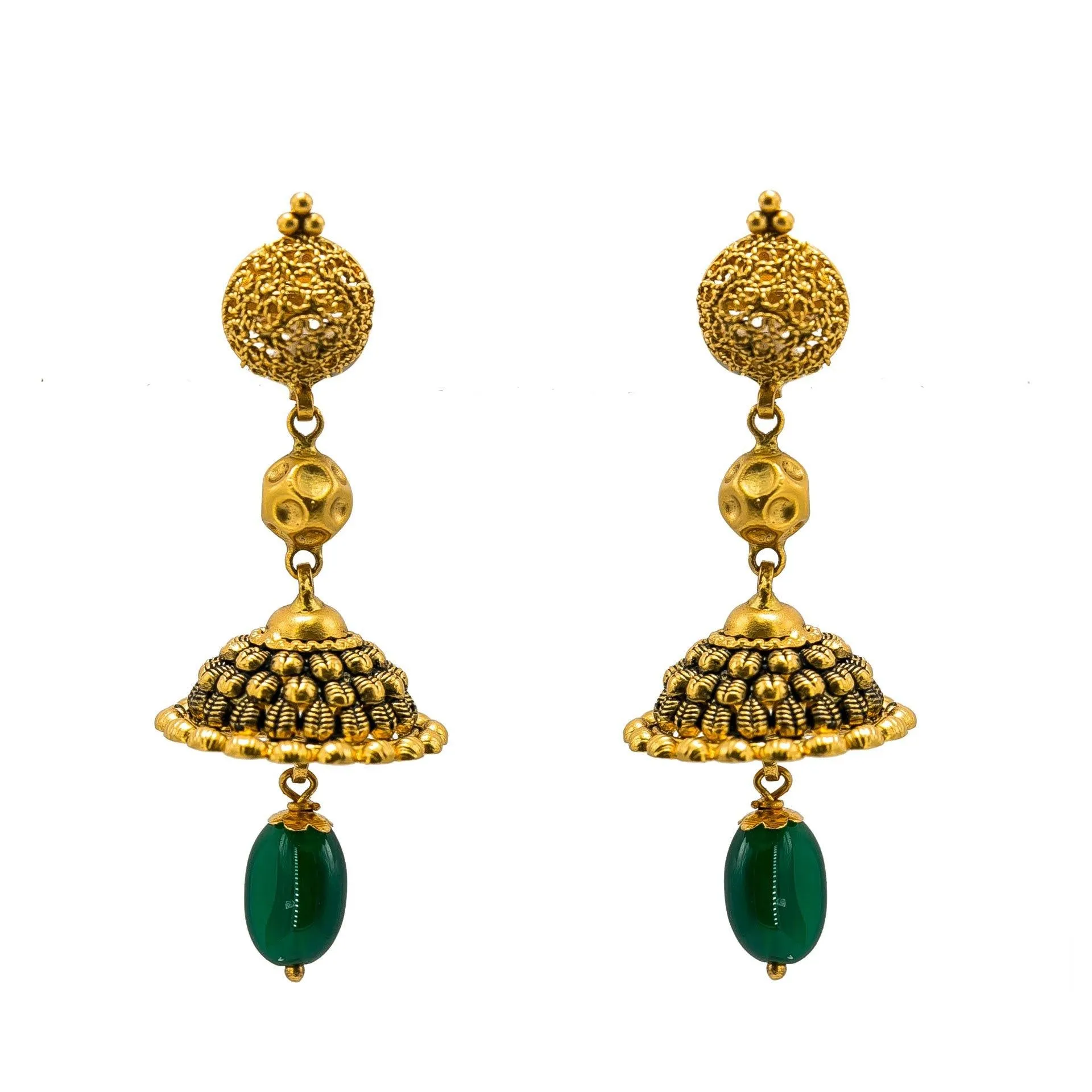 22K Yellow Gold Necklace & Jhumki Earring Set W/ Emerald & Unique Detailed Gold Beads