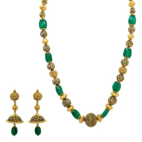 22K Yellow Gold Necklace & Jhumki Earring Set W/ Emerald & Unique Detailed Gold Beads