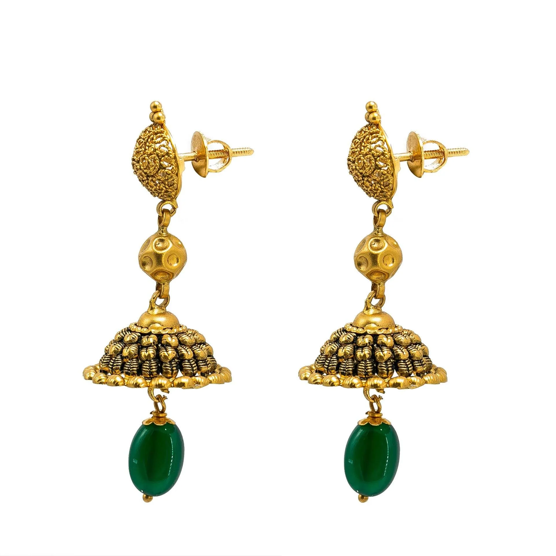 22K Yellow Gold Necklace & Jhumki Earring Set W/ Emerald & Unique Detailed Gold Beads