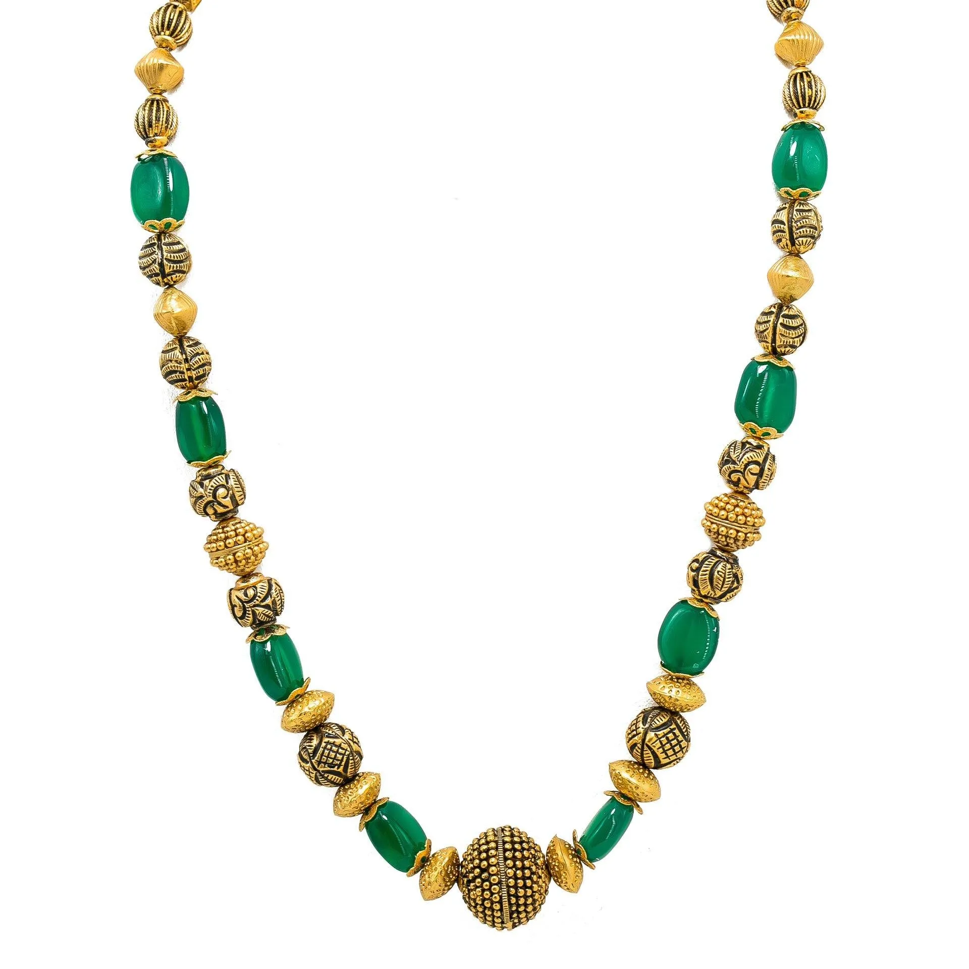 22K Yellow Gold Necklace & Jhumki Earring Set W/ Emerald & Unique Detailed Gold Beads