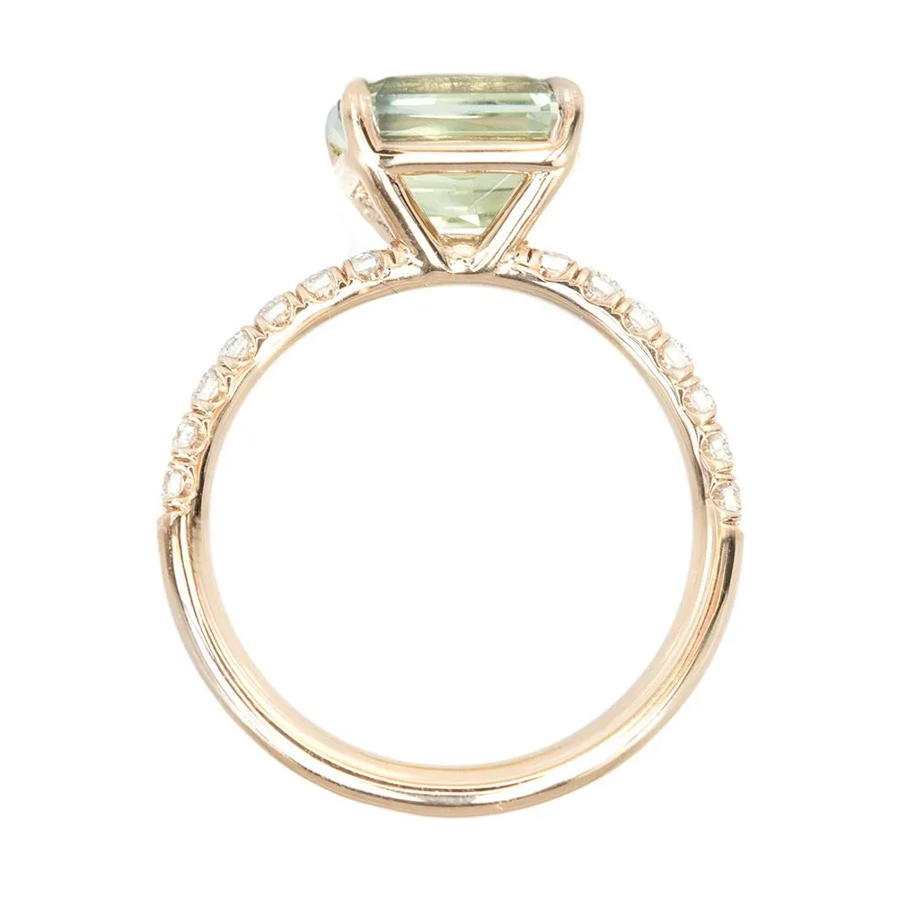 2.83ct Radiant Cut Minty Green East-West Nigerian Sapphire With Diamond Band In 14k Rose Gold