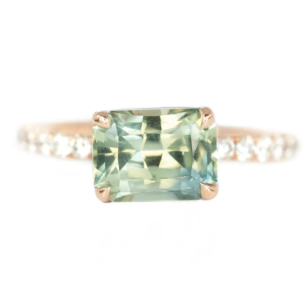 2.83ct Radiant Cut Minty Green East-West Nigerian Sapphire With Diamond Band In 14k Rose Gold