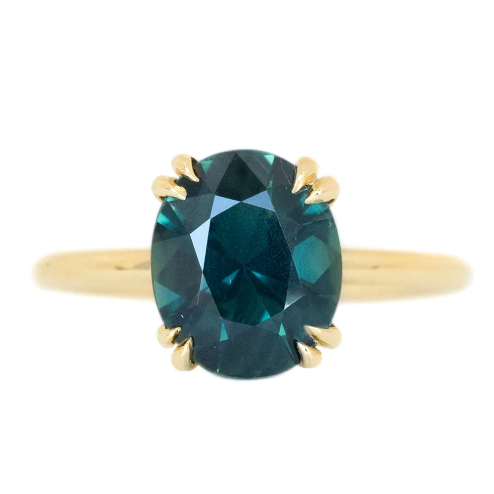 3.02ct Oval Deep Teal Green Sapphire Double Pronged Solitaire in 14k Yellow Gold