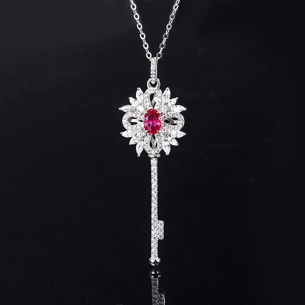 5*7mm Ruby  Diamond Key Pendant Necklace