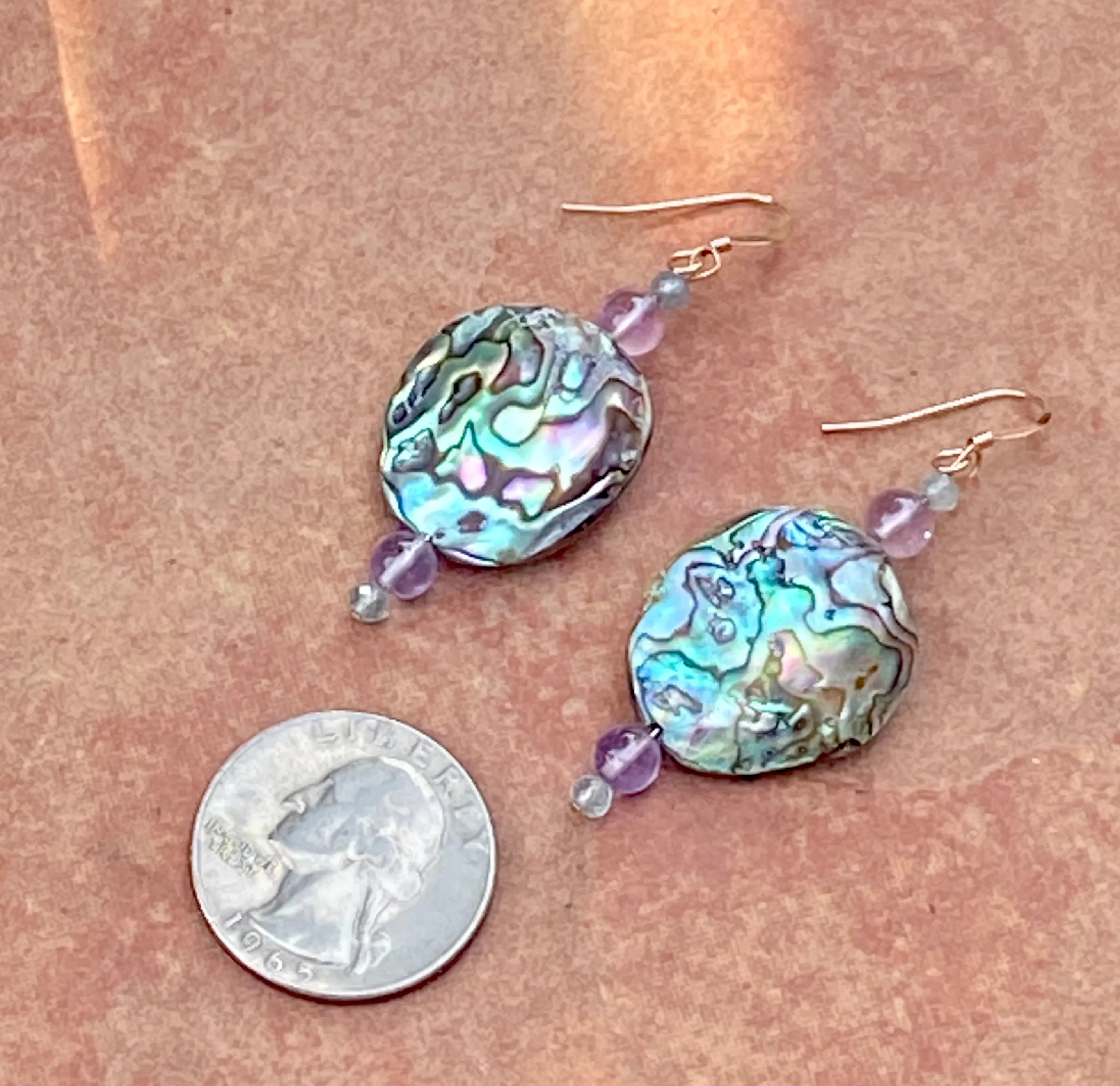 Abalone, Amethyst & Aquamarine gemstones with 14 kt Rose GF Drop Earrings