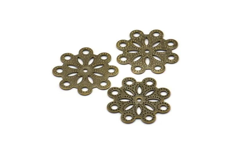 Antique Brass Flower Connector, 25 Antique Brass Filigree Flower Connectors, Charms (18mm)  K161