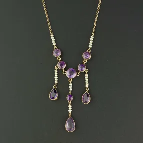 Antique Gold Teardrop Amethyst Pearl Necklace