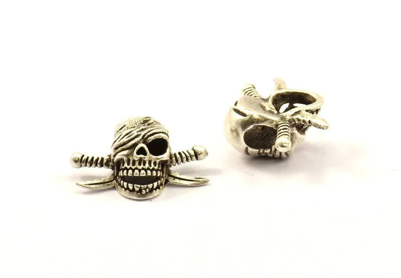 Antique Silver Pirate Finding, 2 Antique Silver Plated Skull Head Bracelet Parts (21x16x8.5mm) N376