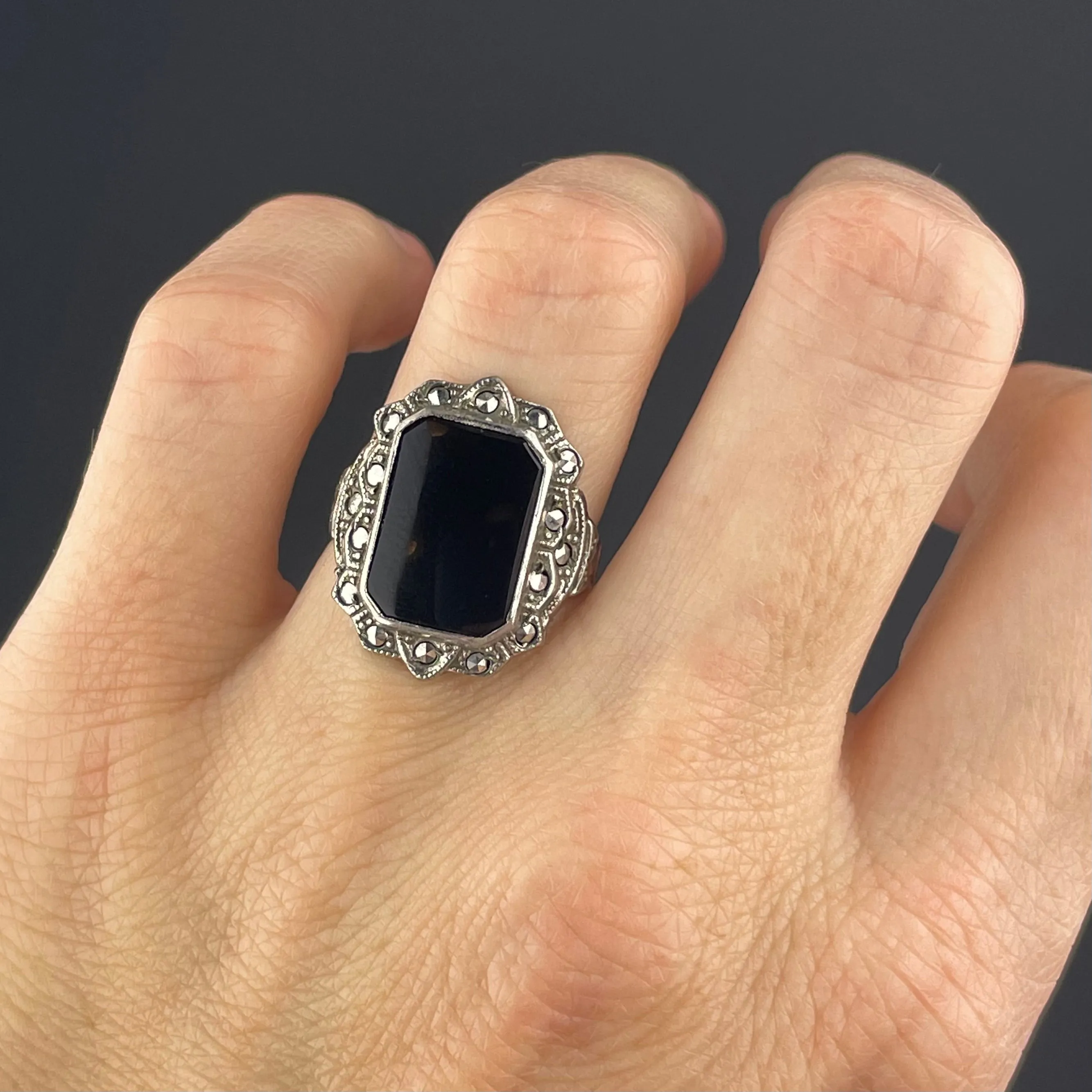 Art Deco Sterling Silver Onyx Marcasite Statement Ring