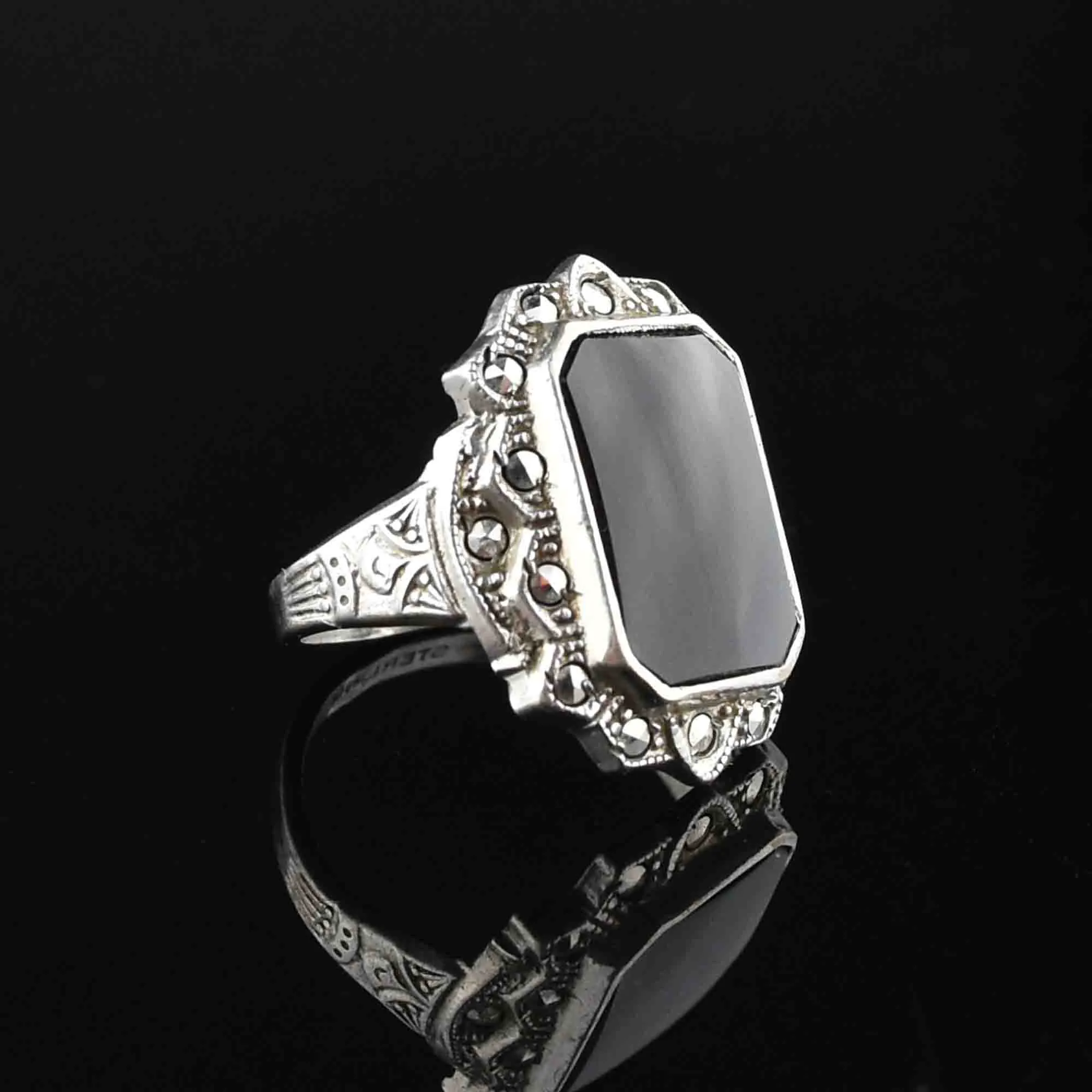 Art Deco Sterling Silver Onyx Marcasite Statement Ring