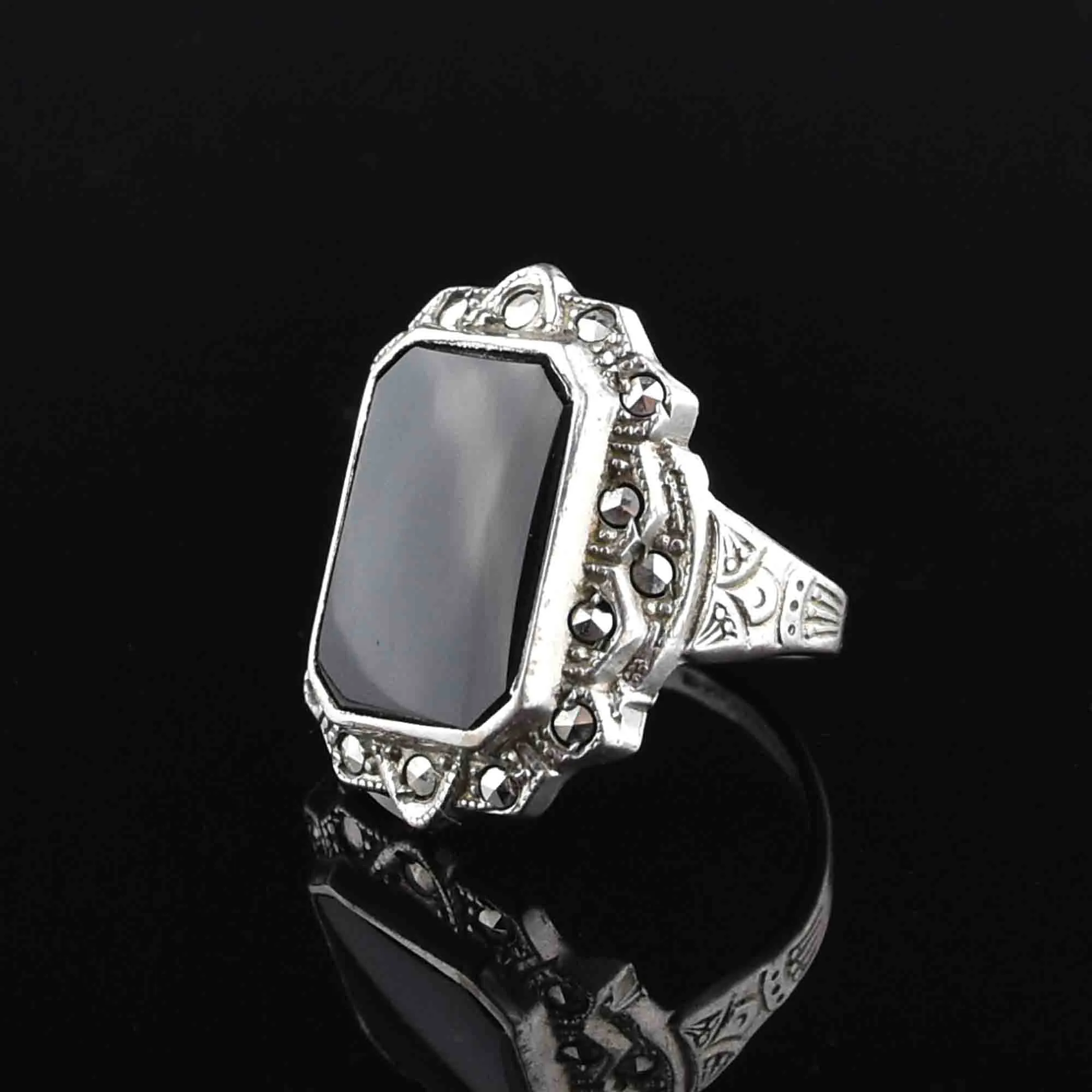 Art Deco Sterling Silver Onyx Marcasite Statement Ring