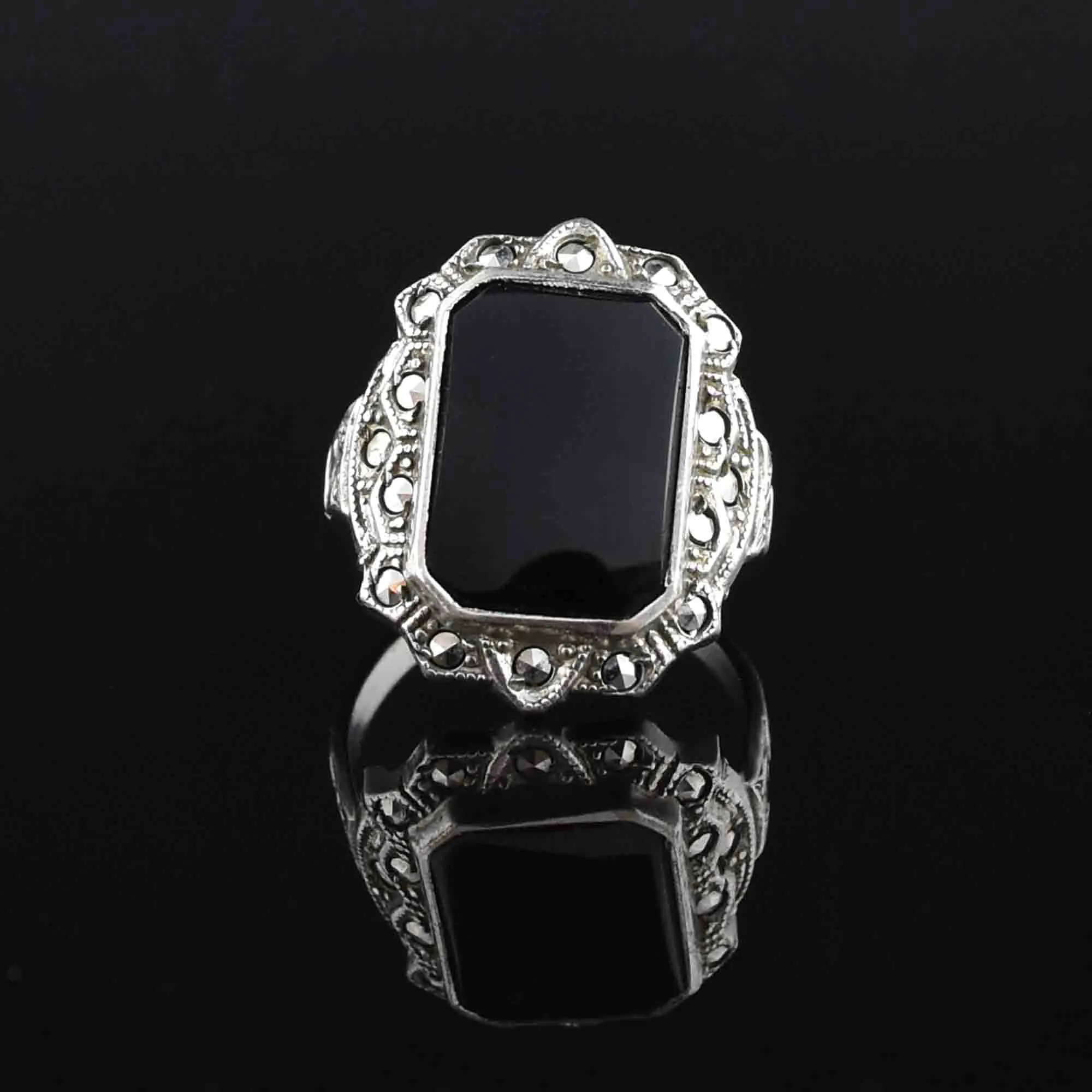 Art Deco Sterling Silver Onyx Marcasite Statement Ring