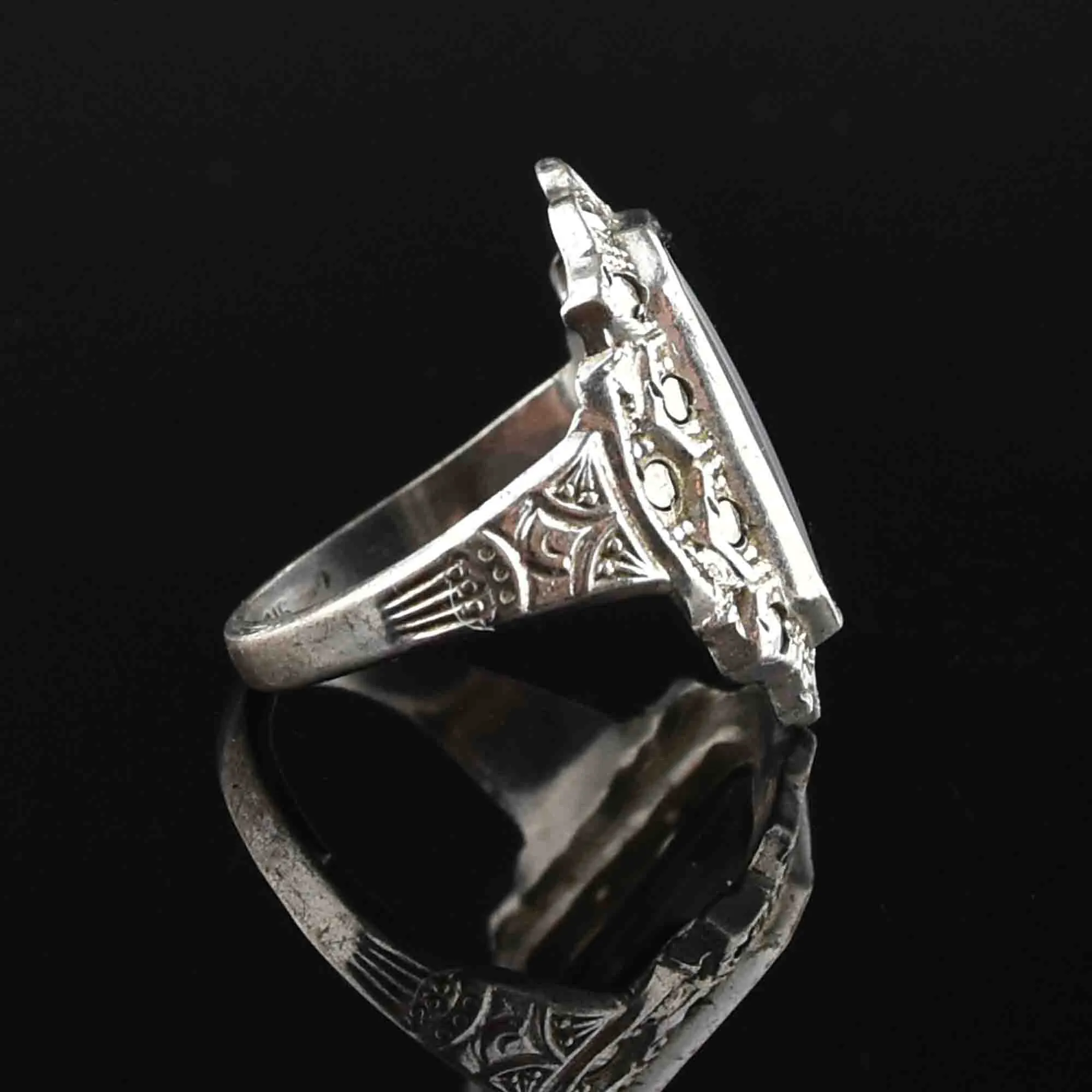 Art Deco Sterling Silver Onyx Marcasite Statement Ring