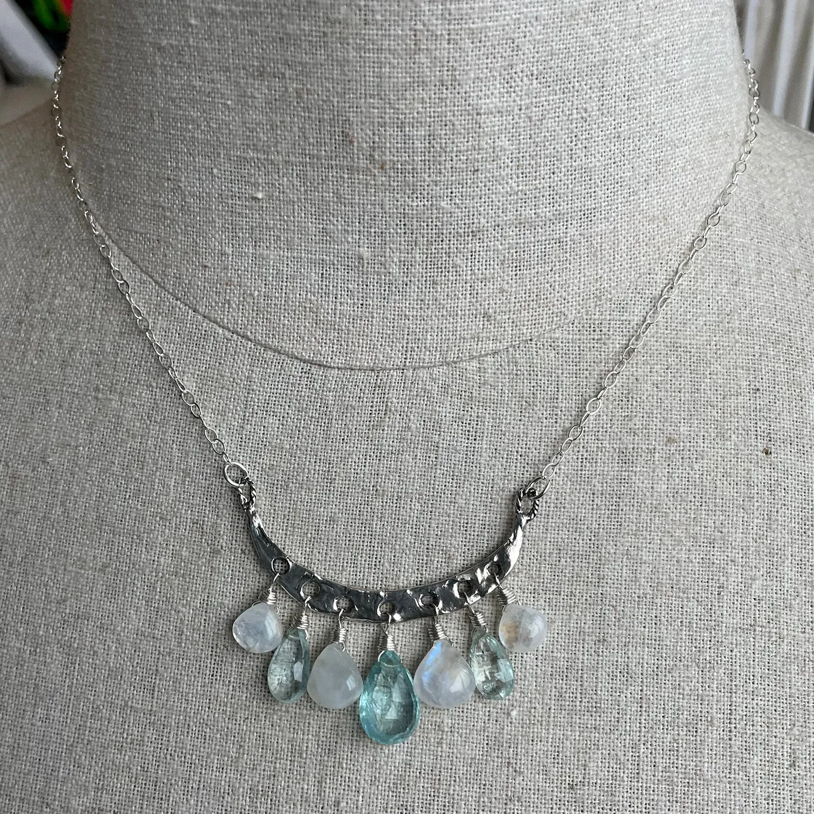 Artisan Aquamarine and Moonstone Necklace, Adjustable