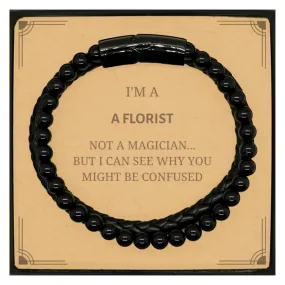 Badass Florist Gifts, I'm Florist not a magician, Sarcastic Stone Leather Bracelets for Florist Birthday Christmas for  Men, Women, Friends, Coworkers