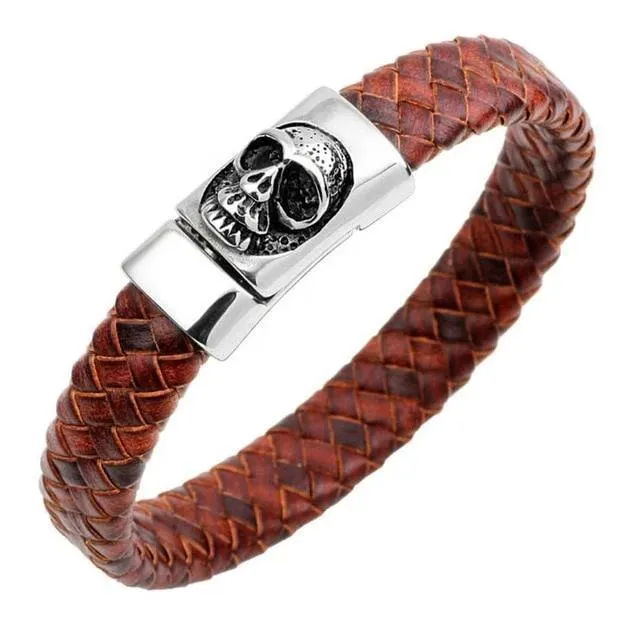 Black and Blue Braided Leather Stainless Steel Skull Bracelet