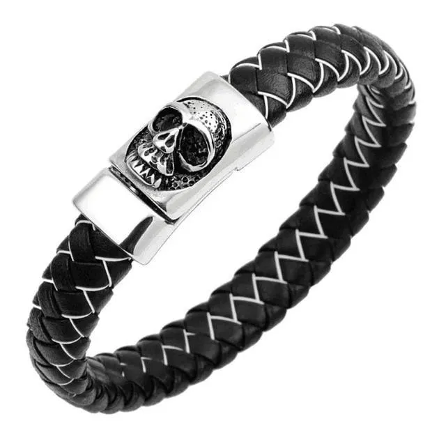 Black and Blue Braided Leather Stainless Steel Skull Bracelet