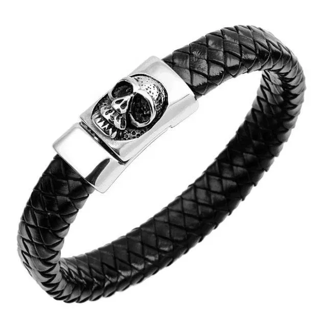 Black and Blue Braided Leather Stainless Steel Skull Bracelet