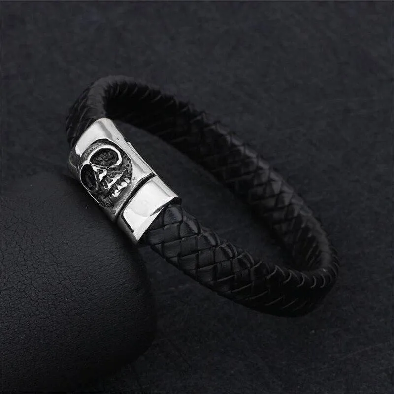 Black and Blue Braided Leather Stainless Steel Skull Bracelet