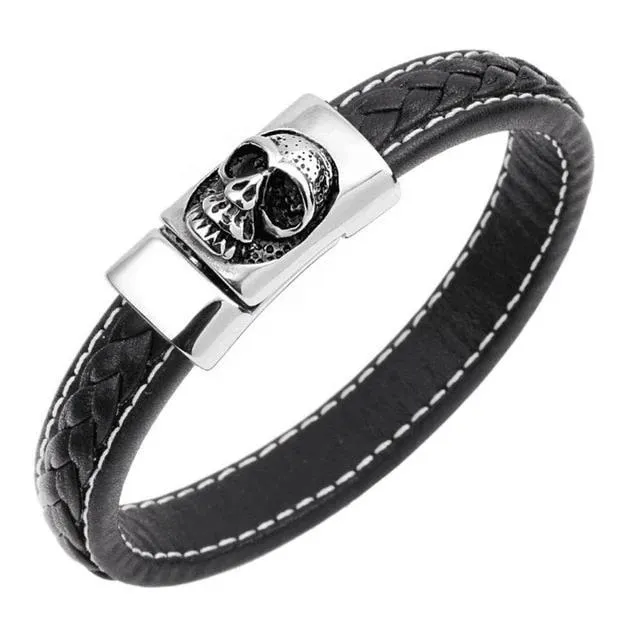 Black and Blue Braided Leather Stainless Steel Skull Bracelet