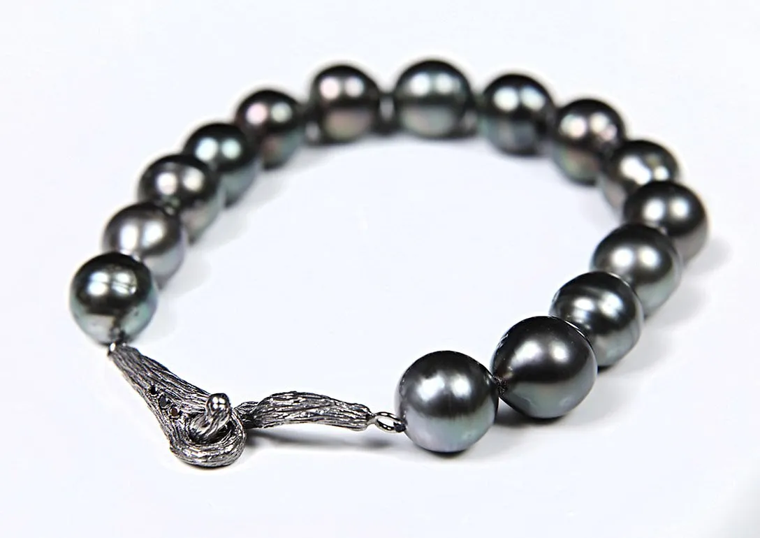 Black South Sea Pearl, Black Diamond, and Gold Bracelet