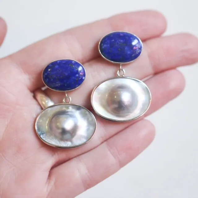 Blue Lapis Lazuli and Blister Pearl Earrings - Pearl Drop Earrings - Silversmith - OOAK