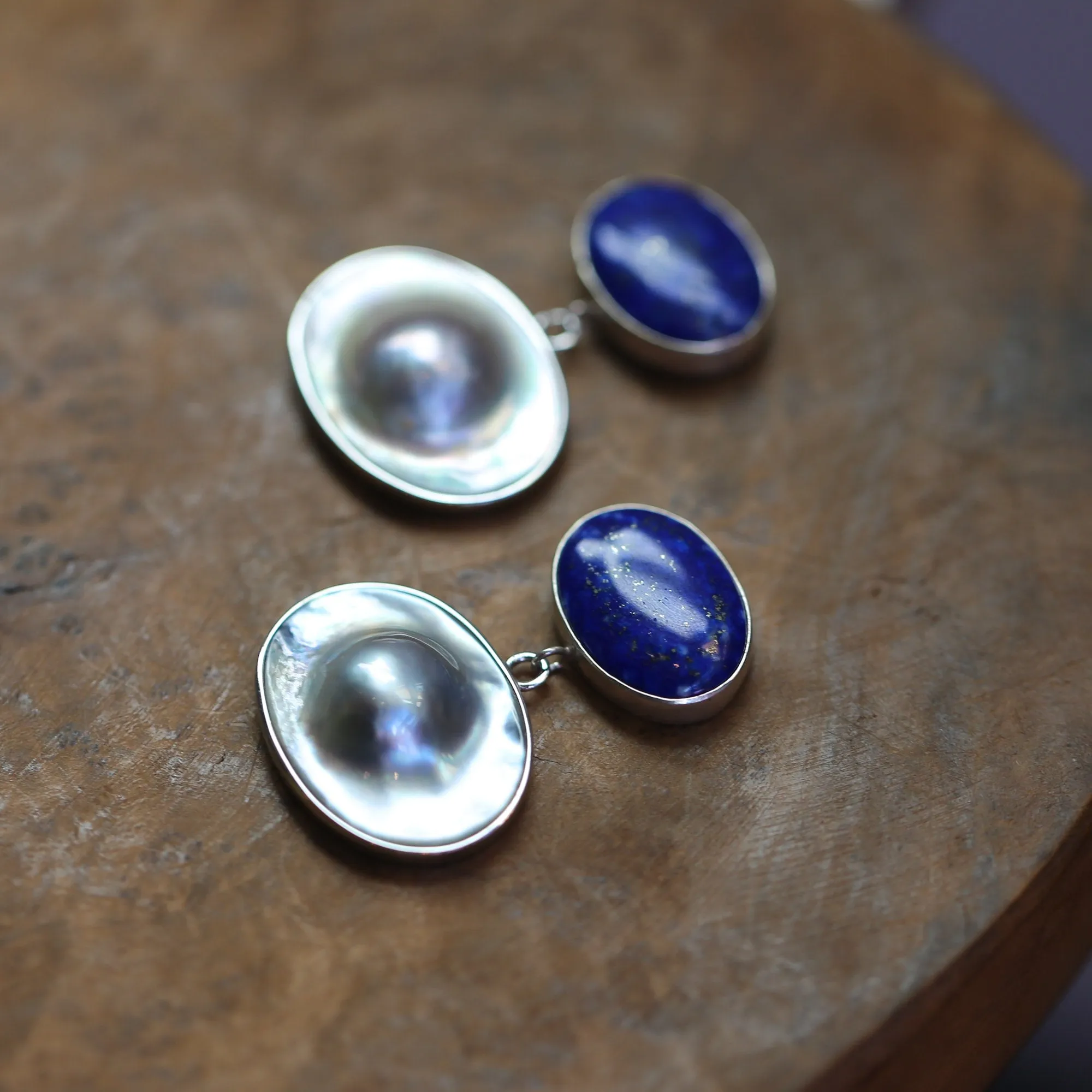 Blue Lapis Lazuli and Blister Pearl Earrings - Pearl Drop Earrings - Silversmith - OOAK