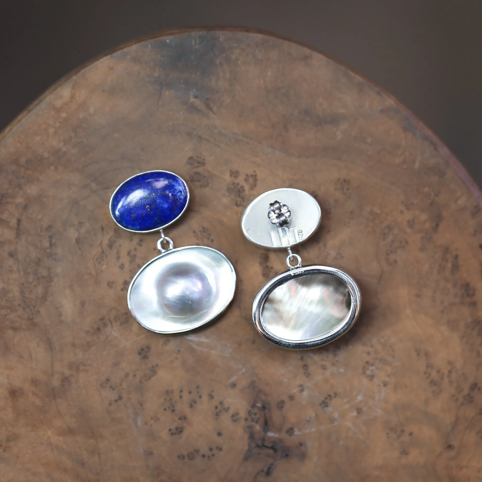 Blue Lapis Lazuli and Blister Pearl Earrings - Pearl Drop Earrings - Silversmith - OOAK