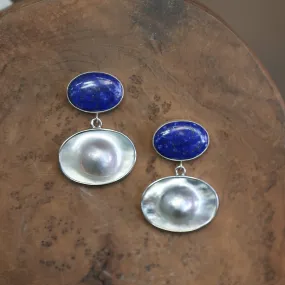 Blue Lapis Lazuli and Blister Pearl Earrings - Pearl Drop Earrings - Silversmith - OOAK