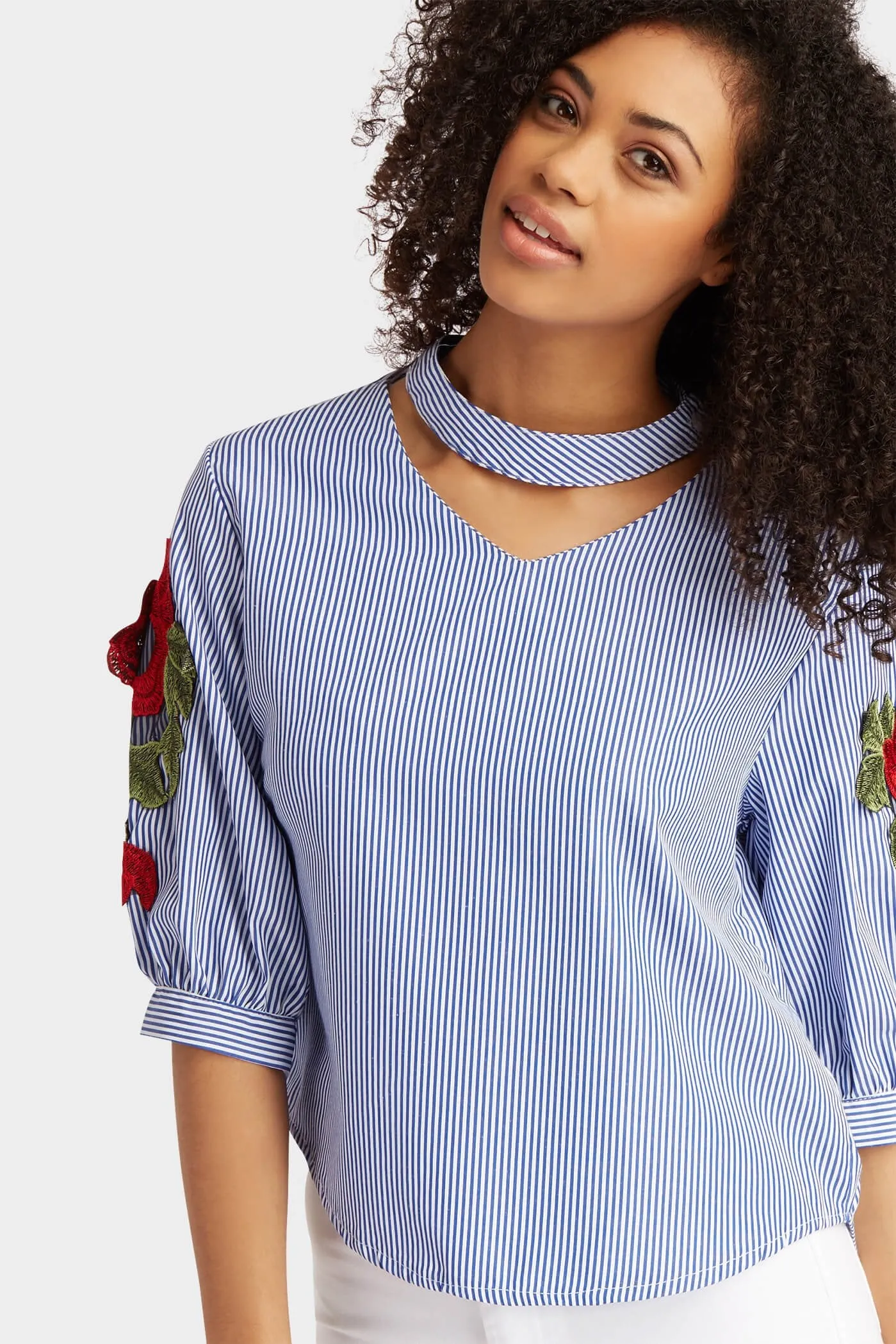 Blue Stripe Embroidered Choker Top