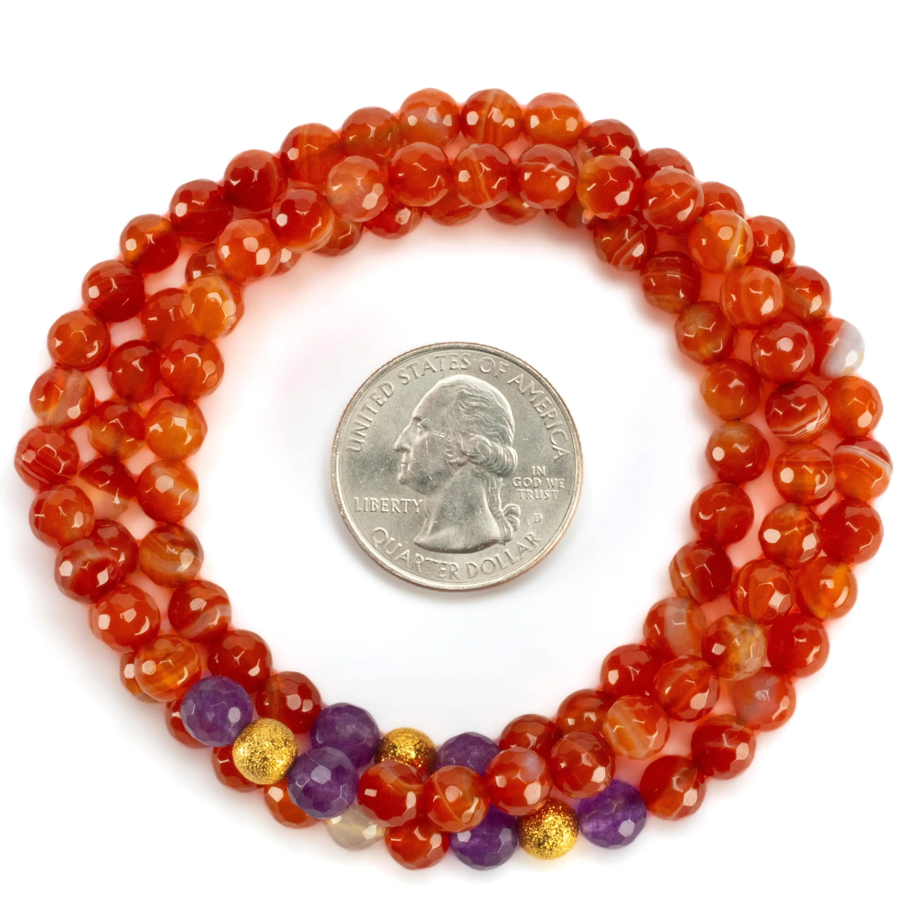 Carnelian Faceted 6mm Beads with Amethyst & Gold Accent Beads Triple Wrap Gemstone Elastic Bracelet