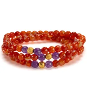 Carnelian Faceted 6mm Beads with Amethyst & Gold Accent Beads Triple Wrap Gemstone Elastic Bracelet