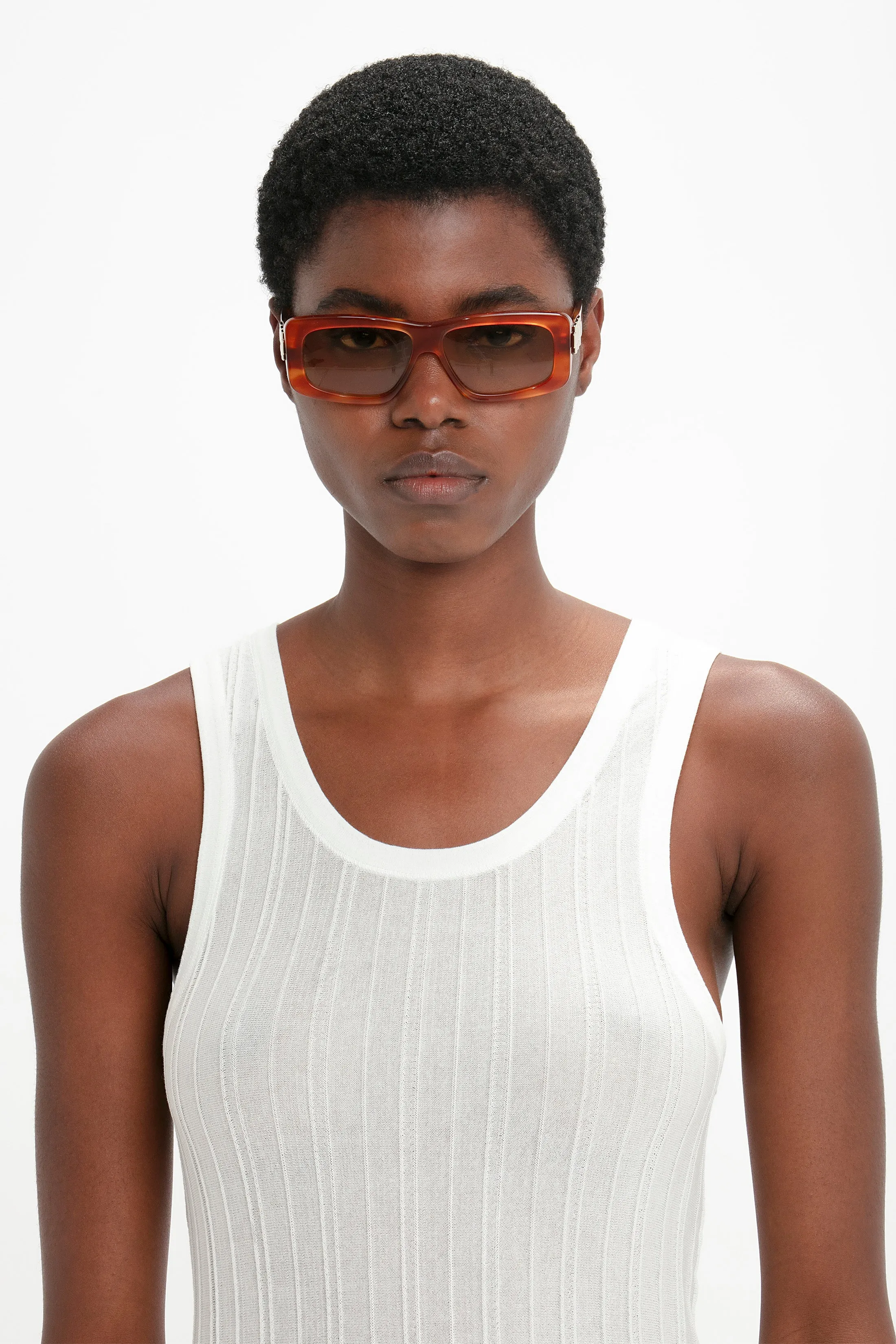 Chain Detail Rectangular Frame Sunglasses In Striped Blonde Havana