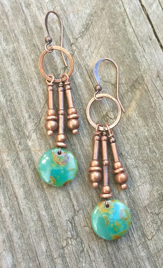 Copper dangle earrings, drop earrings, boho earrings, boho jewelry, green earrings