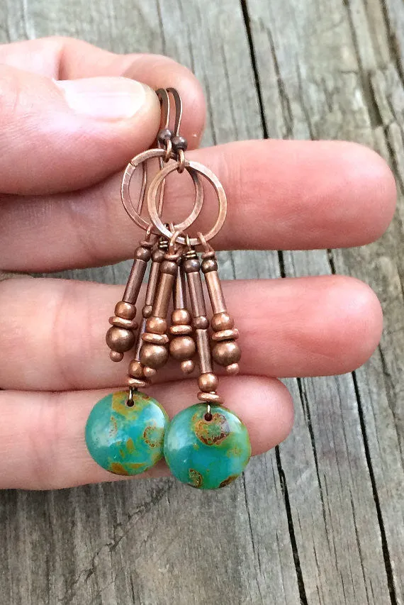 Copper dangle earrings, drop earrings, boho earrings, boho jewelry, green earrings