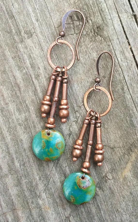 Copper dangle earrings, drop earrings, boho earrings, boho jewelry, green earrings