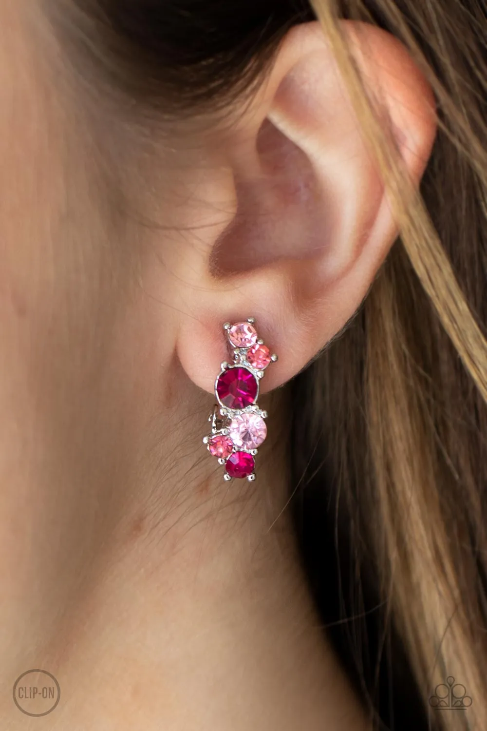 Cosmic Celebration Pink Gem Clip-On Earrings - Paparazzi Accessories