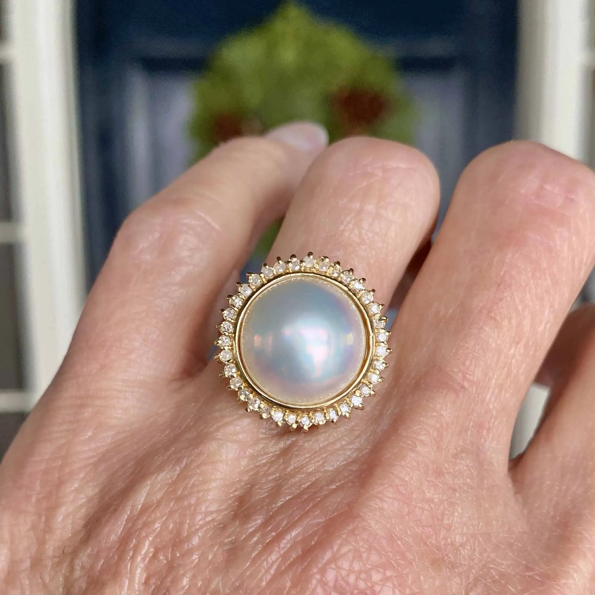 Diamond Halo Mabe Pearl Ring in 14K Gold