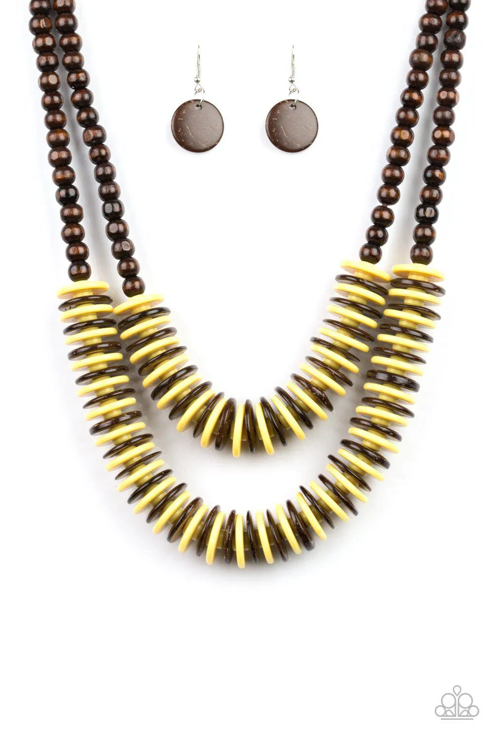 Dominican Disco Yellow and Brown Wood Necklace and matching Earrings - Paparazzi Accessories