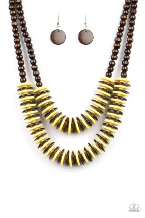 Dominican Disco Yellow and Brown Wood Necklace and matching Earrings - Paparazzi Accessories