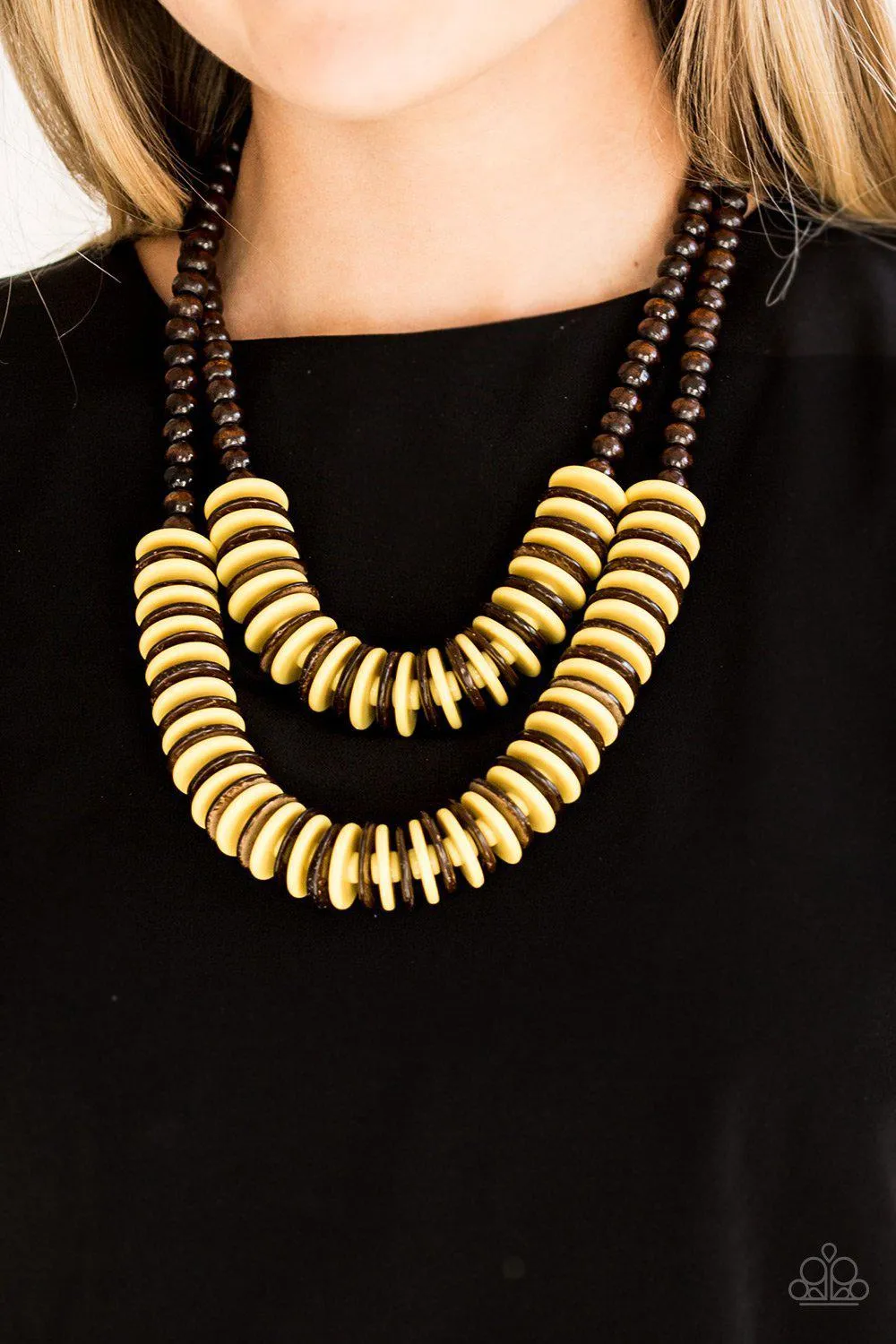 Dominican Disco Yellow and Brown Wood Necklace and matching Earrings - Paparazzi Accessories