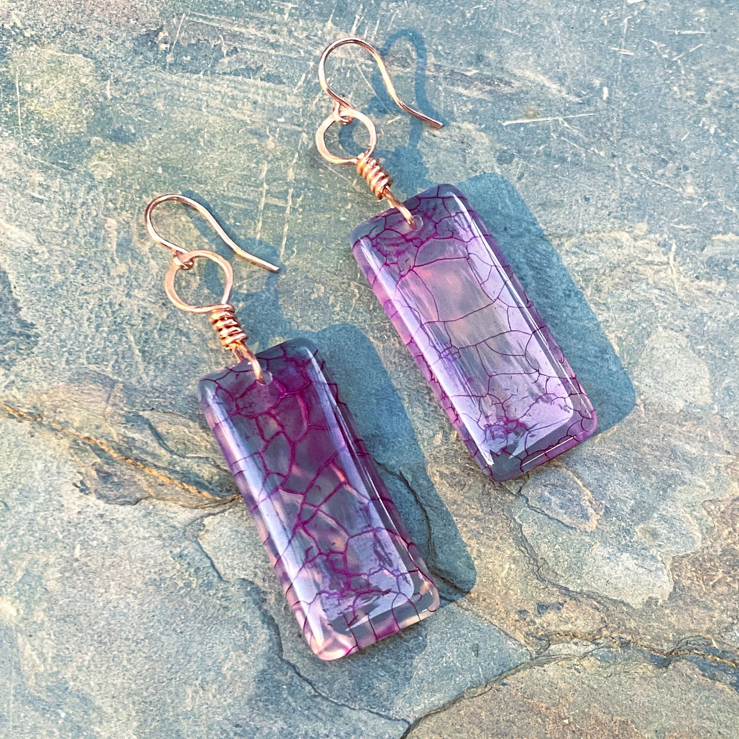 Dragon’s Vein Agate gemstone and copper drop earrings