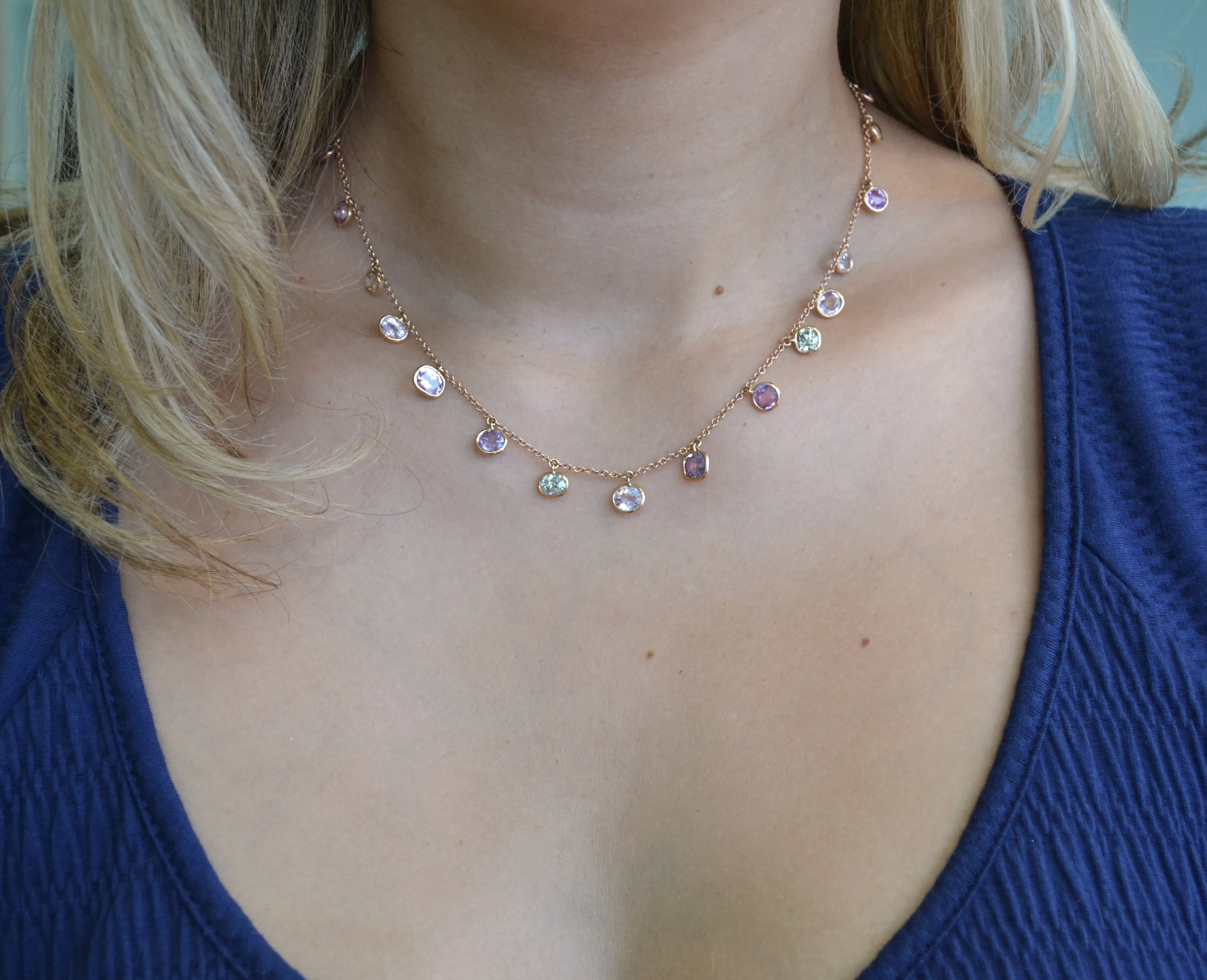 Eclat Jewels - Necklace with Multi-color Sapphires, and Brown Diamonds, 18k Rose Gold