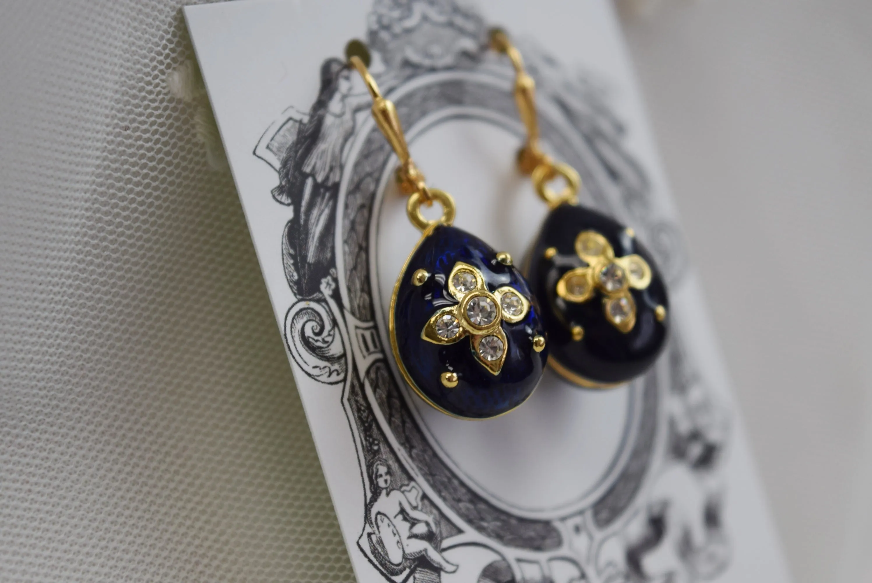 Faberge-Inspired Blue Imperial Egg Earrings - Museum Reproductions