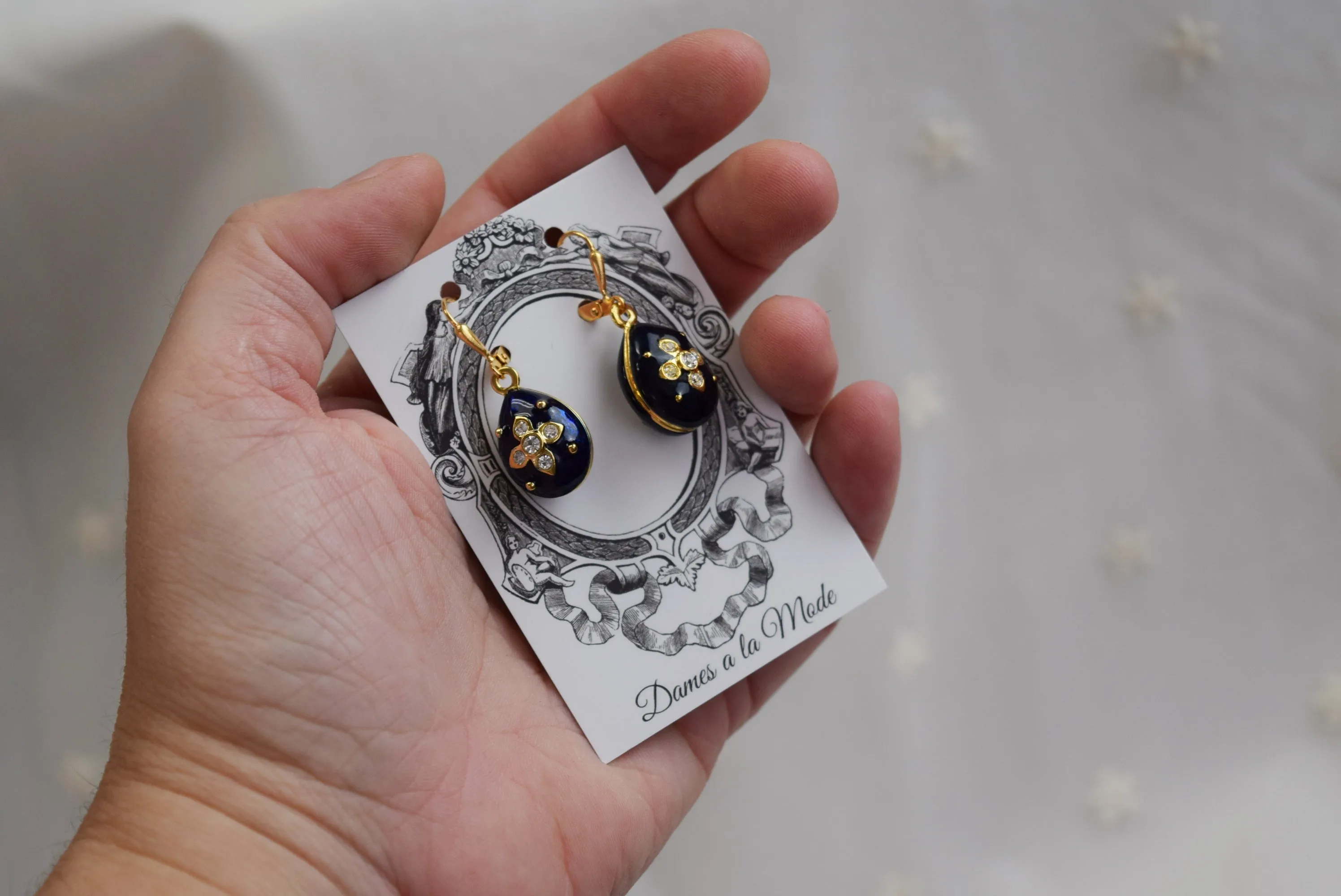 Faberge-Inspired Blue Imperial Egg Earrings - Museum Reproductions