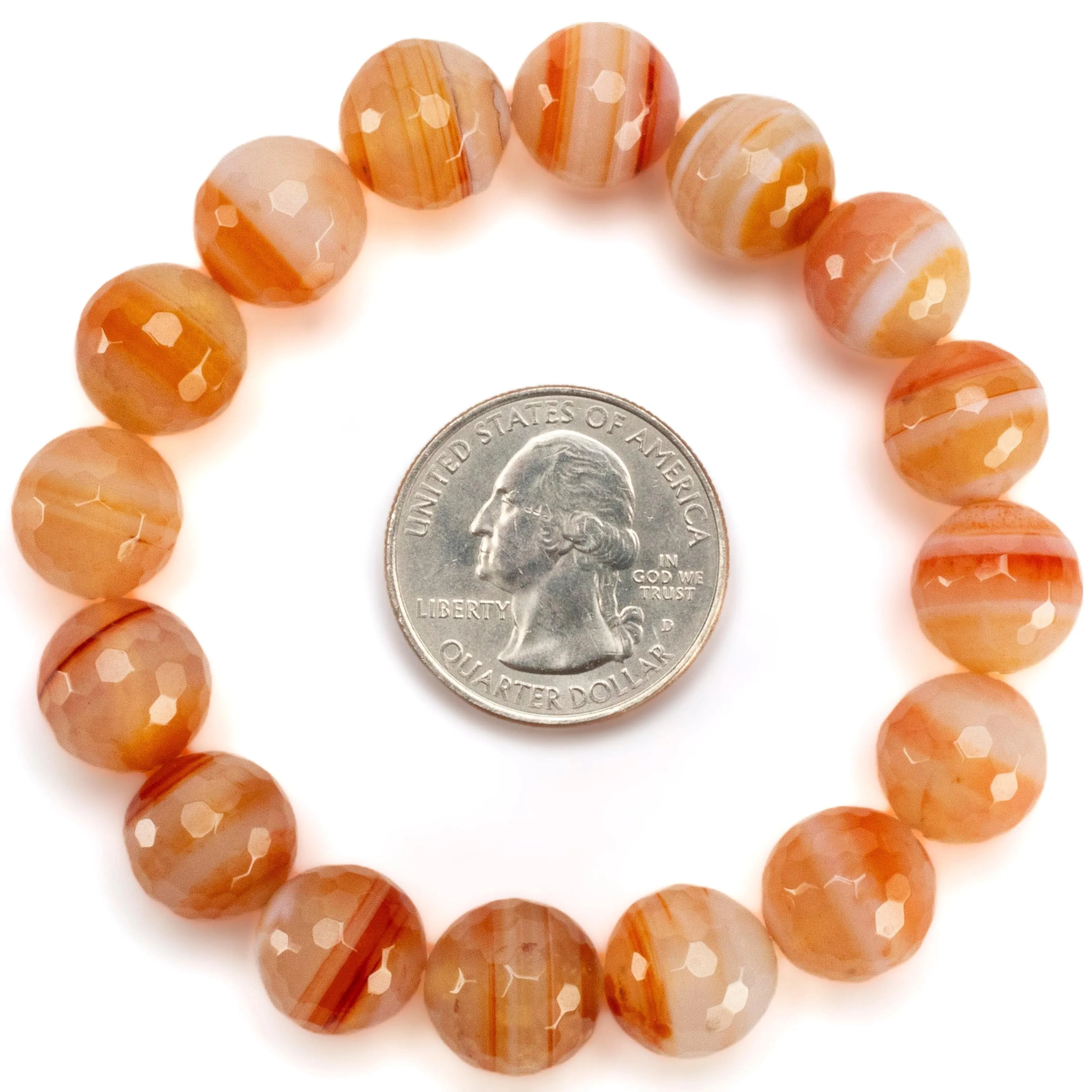 Faceted Banded Carnelian 12mm Gemstone Bead Elastic Bracelet